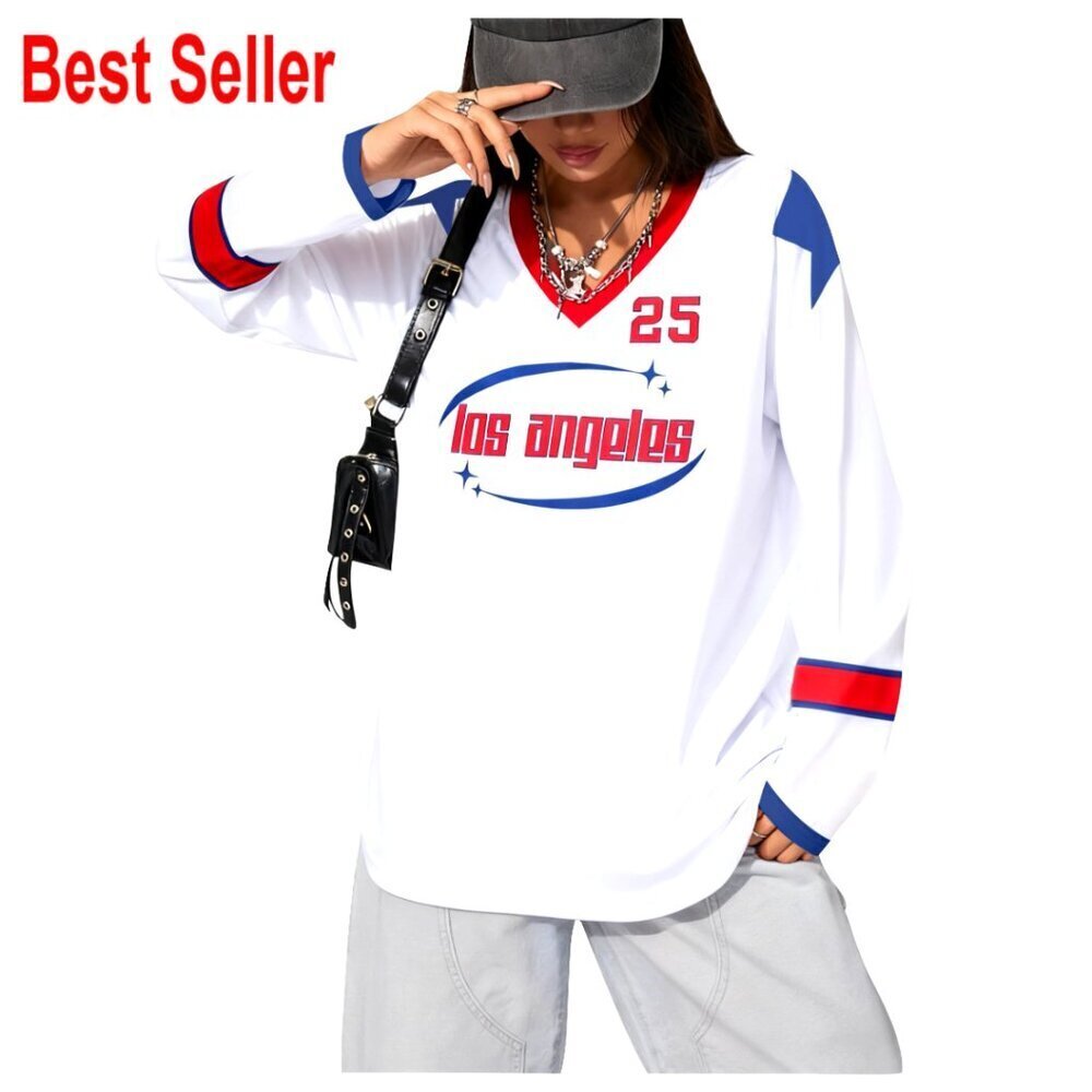 Oversized Jersey V Neck Graphic Tee Y2K Streetwear Relaxed Fit Short Sleeve Top